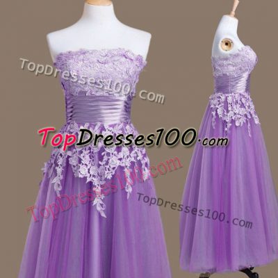 Lavender Sleeveless Tea Length Appliques Lace Up Court Dresses for Sweet 16