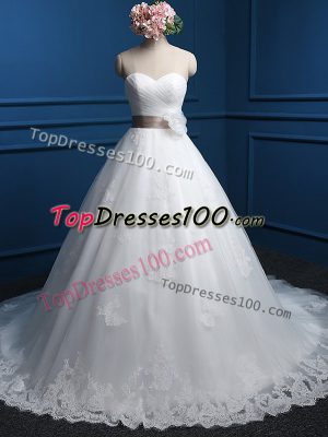 Nice Sleeveless Appliques and Hand Made Flower Lace Up Wedding Dress with White Brush Train