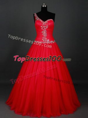 Floor Length Red Prom Dress Tulle Sleeveless Beading