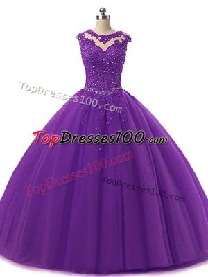 Luxurious Dark Purple Scoop Lace Up Beading and Lace Quinceanera Dresses Sleeveless