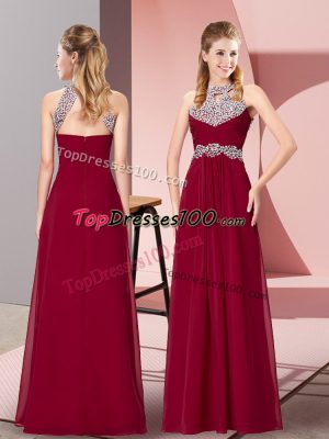 Hot Selling Chiffon Halter Top Sleeveless Zipper Beading and Ruching Prom Gown in Burgundy