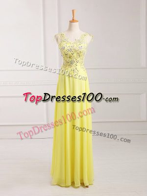 Chiffon V-neck Sleeveless Zipper Lace and Appliques in Yellow