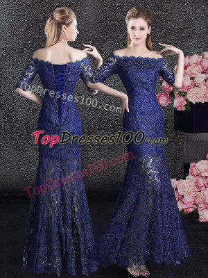 Admirable Mermaid Navy Blue Mother Dresses Prom and Party with Lace Off The Shoulder Half Sleeves Lace Up