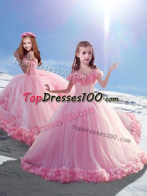 Amazing Baby Pink Pageant Gowns For Girls Wedding Party with Hand Made Flower Off The Shoulder Sleeveless Court Train Lace Up