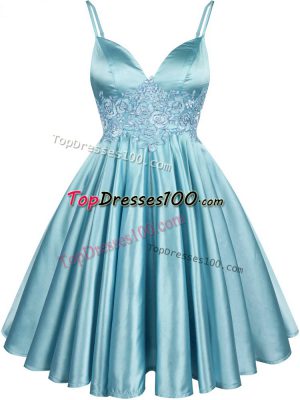 Spaghetti Straps Sleeveless Lace Up Dama Dress for Quinceanera Aqua Blue Elastic Woven Satin