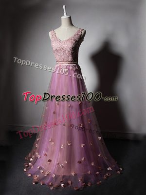 Discount Lilac A-line Tulle V-neck Sleeveless Beading and Lace and Appliques and Hand Made Flower Lace Up Prom Party Dress Sweep Train