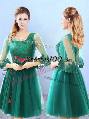 Unique Knee Length Green Damas Dress Tulle 3 4 Length Sleeve Lace and Appliques