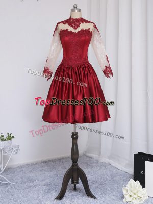 Wine Red A-line Beading and Appliques Homecoming Dress Zipper Elastic Woven Satin Long Sleeves Mini Length