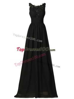 Luxury Scoop Sleeveless Bridesmaid Dresses Floor Length Appliques Black Chiffon