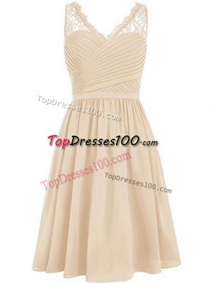 New Style Champagne Empire V-neck Sleeveless Chiffon Knee Length Side Zipper Lace and Ruching Bridesmaid Dress