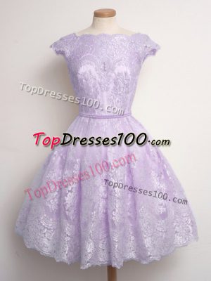 Luxurious Lavender Lace Lace Up Quinceanera Dama Dress Cap Sleeves Knee Length Lace