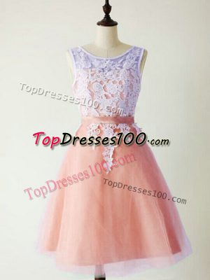Spectacular Knee Length Lace Up Quinceanera Court of Honor Dress Peach for Prom and Party and Wedding Party with Lace
