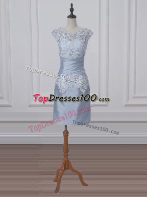 Custom Made Scoop Short Sleeves Mother of Groom Dress Mini Length Lace and Appliques Grey Satin