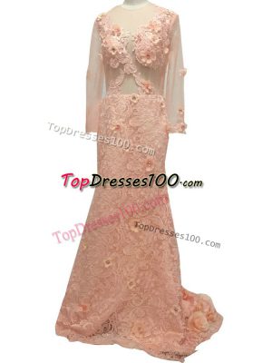 Sumptuous Peach Column/Sheath Scoop Long Sleeves Tulle Brush Train Side Zipper Beading and Hand Made Flower Mother Dresses