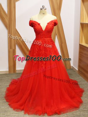 Beautiful Coral Red Tulle Lace Up Formal Dresses Sleeveless Brush Train Lace and Appliques