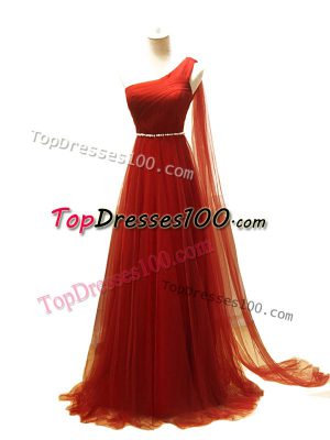 Luxury Rust Red Homecoming Dress Prom and Sweet 16 with Beading and Ruching One Shoulder Sleeveless Brush Train Zipper