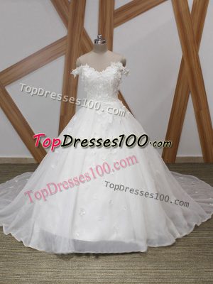 Elegant Off The Shoulder Sleeveless Organza Bridal Gown Appliques Court Train Zipper