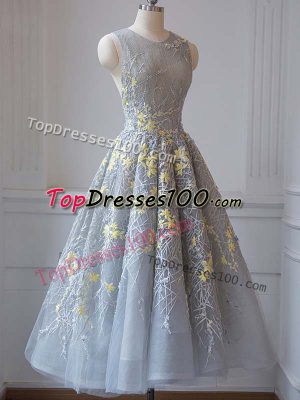 Low Price Grey Prom and Party and Beach with Lace and Appliques Scoop Sleeveless Criss Cross