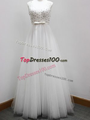 Edgy White A-line V-neck Sleeveless Tulle Brush Train Zipper Beading and Belt Damas Dress
