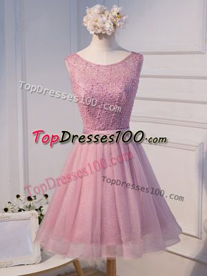 Best Selling Pink A-line Scoop Sleeveless Tulle Mini Length Lace Up Beading and Belt Prom Dress
