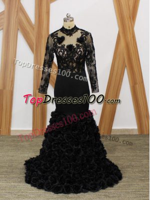 Black Mermaid Beading and Lace and Appliques and Hand Made Flower Mother Dresses Backless Fabric With Rolling Flowers Long Sleeves