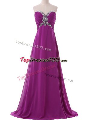 Fantastic Eggplant Purple Evening Dress Prom and Party and Military Ball with Beading and Ruching Sweetheart Sleeveless Brush Train Lace Up