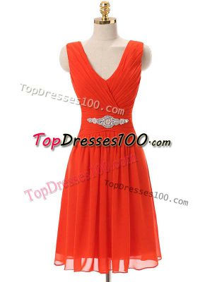 Red Sleeveless Knee Length Beading and Ruching Zipper Cocktail Dresses