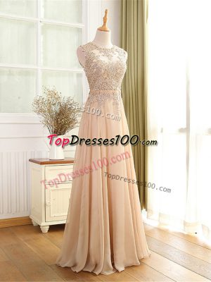 New Arrival Champagne Empire Beading and Appliques Dress for Prom Zipper Chiffon Sleeveless Floor Length