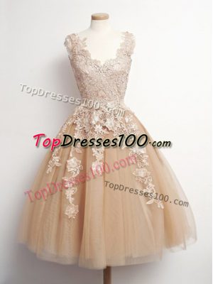 Brown A-line Tulle V-neck Sleeveless Appliques Knee Length Lace Up Dama Dress