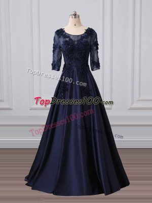 Navy Blue Mother of Bride Dresses Party and Sweet 16 with Lace and Appliques Scoop 3 4 Length Sleeve Brush Train Zipper