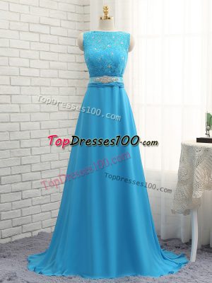 Artistic Zipper Wedding Party Dress Baby Blue for Prom and Party and Wedding Party with Beading and Lace Brush Train