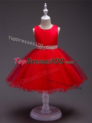 Knee Length Zipper Little Girl Pageant Dress Red for Wedding Party with Beading
