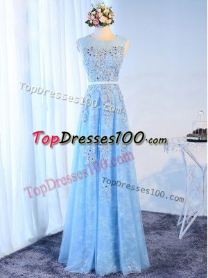 Baby Blue Scoop Neckline Beading and Lace and Appliques and Belt Prom Dresses Sleeveless Zipper