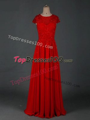 Empire Mother of the Bride Dress Red Scoop Chiffon Cap Sleeves Floor Length Zipper