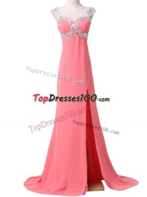 Exquisite Watermelon Red Chiffon Zipper Casual Dresses Cap Sleeves Brush Train Beading and Appliques