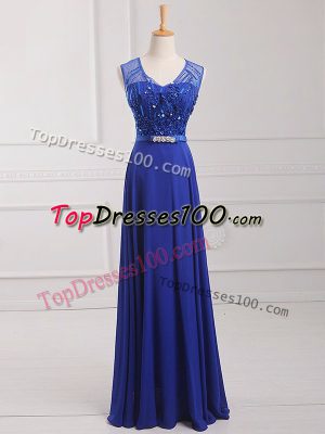 New Style Royal Blue Scoop Zipper Beading and Belt Prom Party Dress Sleeveless