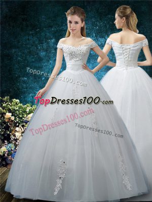 Organza Off The Shoulder Cap Sleeves Lace Up Beading and Appliques Wedding Dresses in White
