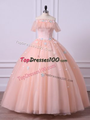 High Class Peach Short Sleeves Lace and Appliques Floor Length Sweet 16 Dresses
