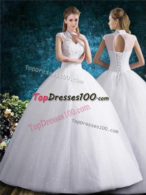 Discount White Lace Up Wedding Gowns Beading and Embroidery Sleeveless Floor Length