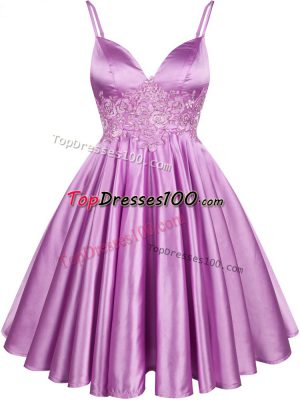 A-line Bridesmaid Gown Lilac Spaghetti Straps Elastic Woven Satin Sleeveless Knee Length Lace Up