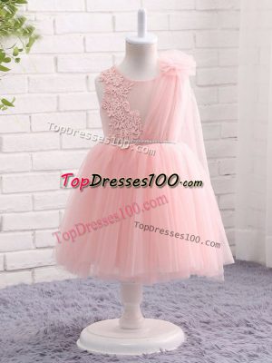 Exquisite Baby Pink Flower Girl Dress Wedding Party with Appliques and Hand Made Flower Scoop Sleeveless Zipper