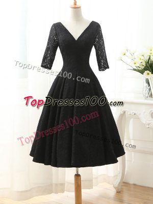 V-neck Half Sleeves Prom Dress Knee Length Lace and Appliques Black Lace