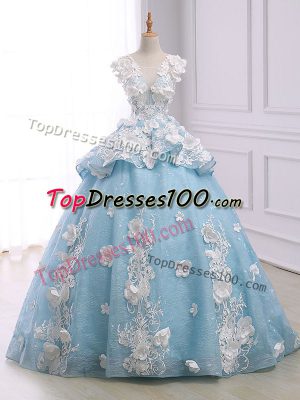 Sleeveless Appliques Lace Up 15th Birthday Dress with Light Blue Court Train