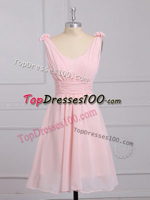 Dramatic Mini Length Lace Up Bridesmaid Dresses Baby Pink for Prom and Party and Wedding Party with Hand Made Flower