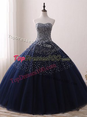 Romantic Navy Blue Sleeveless Tulle Lace Up Quinceanera Dress for Prom and Party and Military Ball and Sweet 16 and Quinceanera