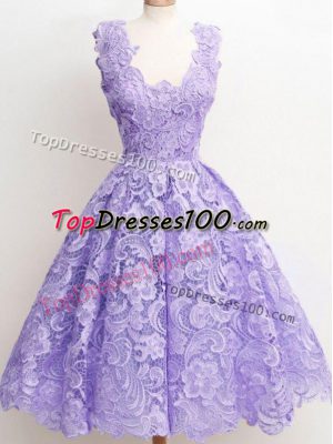 Low Price Lavender A-line Straps Sleeveless Lace Knee Length Zipper Lace Damas Dress