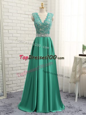Simple Green V-neck Backless Lace and Appliques Dress for Prom Sleeveless