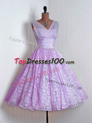 Lilac Quinceanera Court Dresses Prom and Party and Wedding Party with Lace V-neck Sleeveless Lace Up