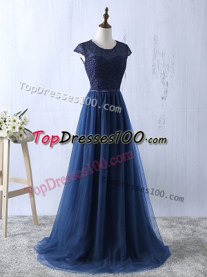 Decent Navy Blue Empire Tulle Scoop Short Sleeves Lace and Appliques Floor Length Zipper Prom Party Dress