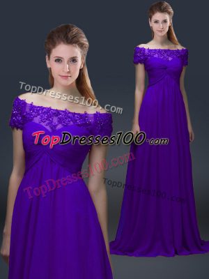 Top Selling Short Sleeves Floor Length Appliques Lace Up Mother of the Bride Dress with Purple